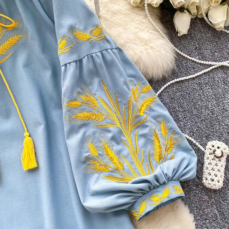 Olivenorma Golden Wheat Ear Embroidery Women's Shirt