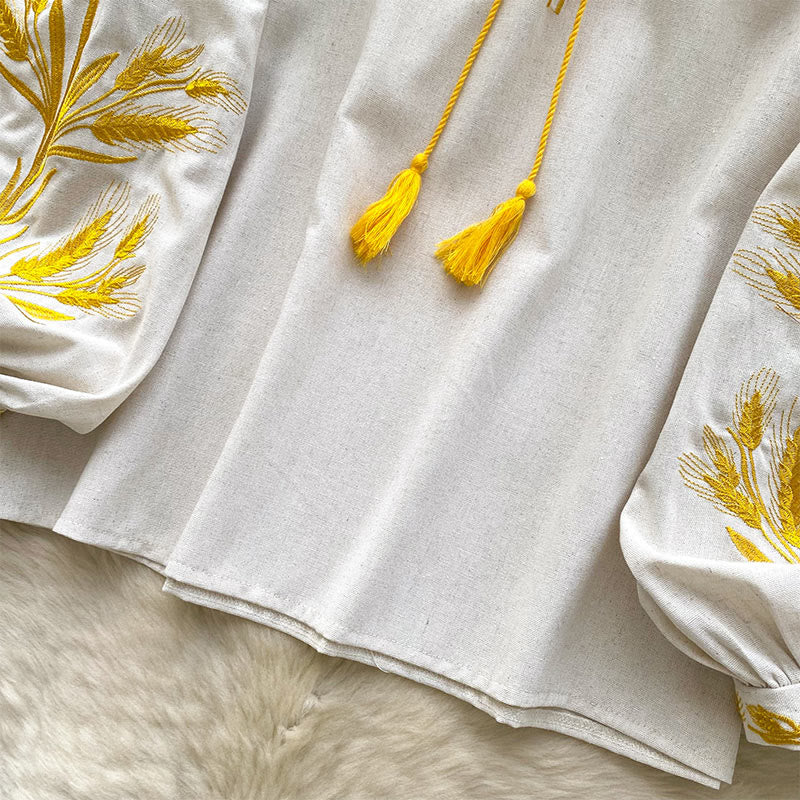 Olivenorma Golden Wheat Ear Embroidery Women's Shirt