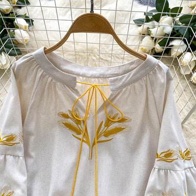 Olivenorma Golden Wheat Ear Embroidery Women's Shirt
