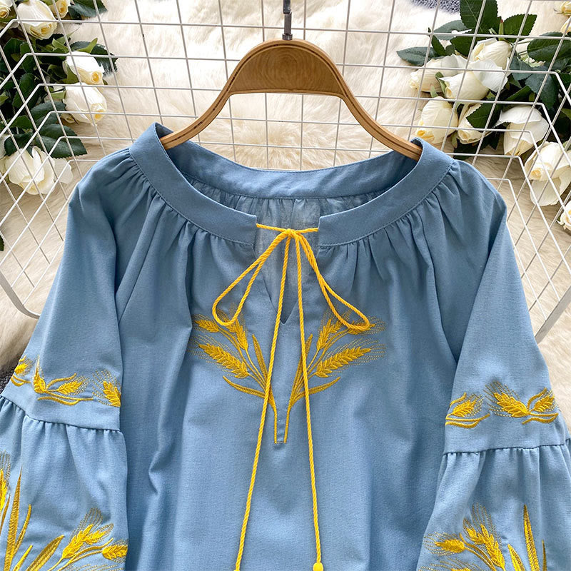 Olivenorma Golden Wheat Ear Embroidery Women's Shirt