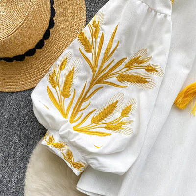 Olivenorma Golden Wheat Ear Embroidery Women's Shirt