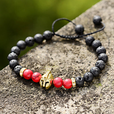 Olivenorma 8mm Adjustable Gemstone Spartan Warrior Helmet Bracelet - Lava Stone+Red Turquoise+Golden Helmet - image 1