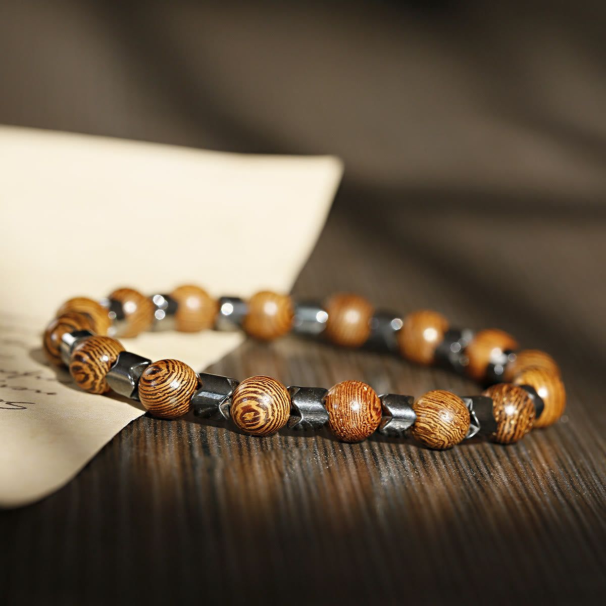 Olivenorma 8mm Lava Stone Hematite Stretch Beaded Bracelet - Hematite + Wooden Beads - image 8