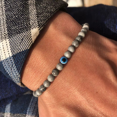 Olivenorma Round Natural Stone Evil Eye 6mm/8mm Beaded Bracelet - 8mm - Grey Jasper - image 14