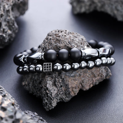 Olivenorma 2Pcs Mens Hematite Black Onyx Stretch Beaded Bracelet - 2Pcs Bracelet Set - image 1