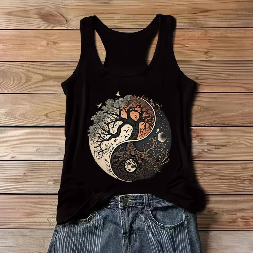 Olivenorma Yin Yang Tree Print Sleeveless Tank Top - Black - 3XL - image 1