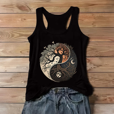 Olivenorma Yin Yang Tree Print Sleeveless Tank Top - Black - 3XL - image 1