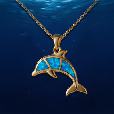 Olivenorma Guardians of the Ocean's Heart - Dolphin & Mermaid Necklace - Golden Dolphin Blue Opal - image 11