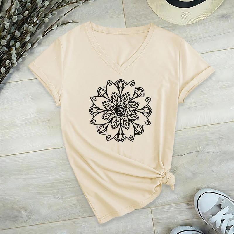 Olivenorma Mandala Floral Tee V-Neck Regular Fit Lotus Spiritual T-Shirt - Beige - 2XL - image 12