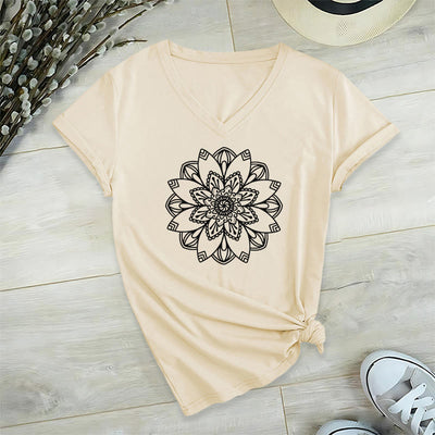 Olivenorma Mandala Floral Tee V-Neck Regular Fit Lotus Spiritual T-Shirt - Beige - 2XL - image 12