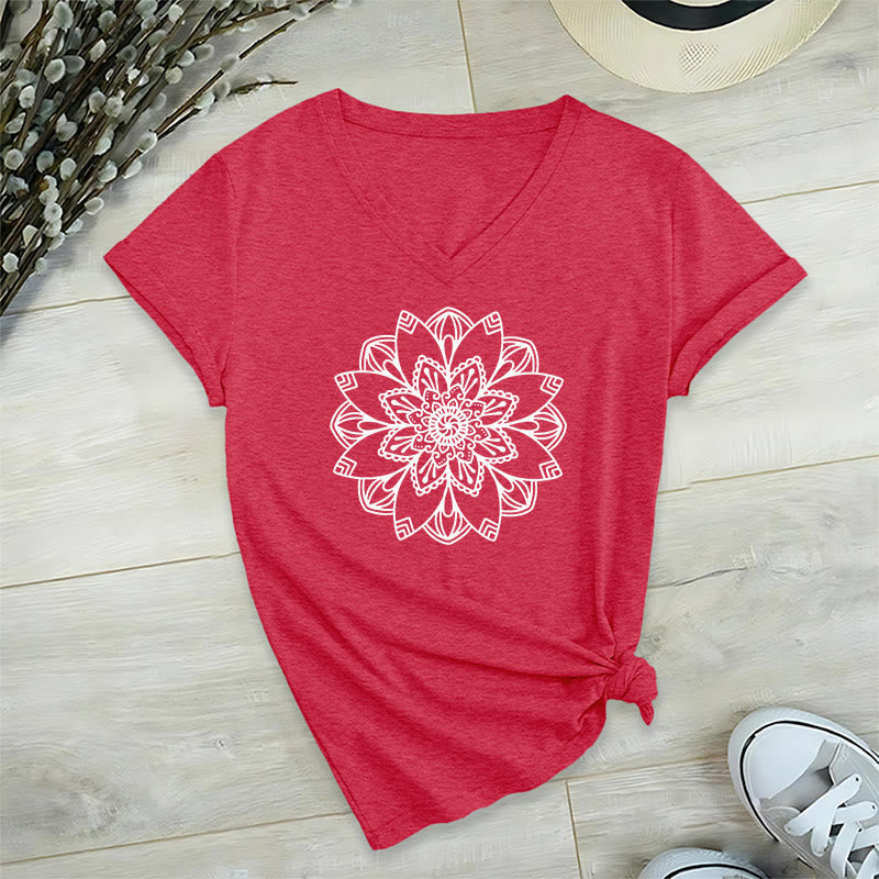 Olivenorma Mandala Floral Tee V-Neck Regular Fit Lotus Spiritual T-Shirt - Red - 2XL - image 28
