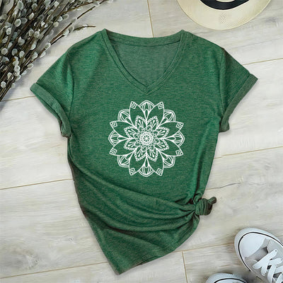 Olivenorma Mandala Floral Tee V-Neck Regular Fit Lotus Spiritual T-Shirt - Green - 2XL - image 18