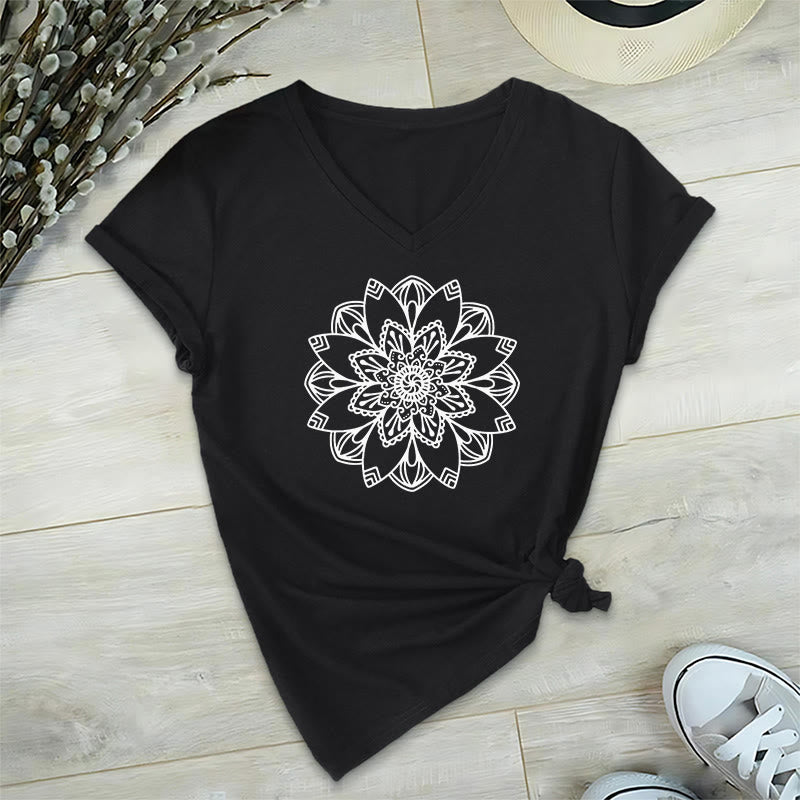 Olivenorma Mandala Floral Tee V-Neck Regular Fit Lotus Spiritual T-Shirt - Black - 2XL - image 8