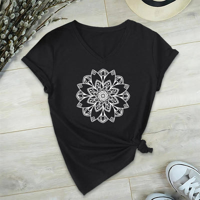 Olivenorma Mandala Floral Tee V-Neck Regular Fit Lotus Spiritual T-Shirt - Black - 2XL - image 8
