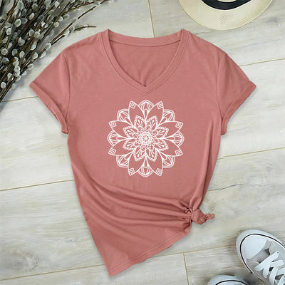 Olivenorma Mandala Floral Tee V-Neck Regular Fit Lotus Spiritual T-Shirt - Pink - 2XL - image 1