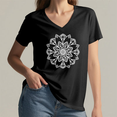 Olivenorma Mandala Floral Tee V-Neck Regular Fit Lotus Spiritual T-Shirt - image 9