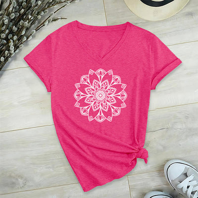 Olivenorma Mandala Floral Tee V-Neck Regular Fit Lotus Spiritual T-Shirt - HotPink - 2XL - image 30