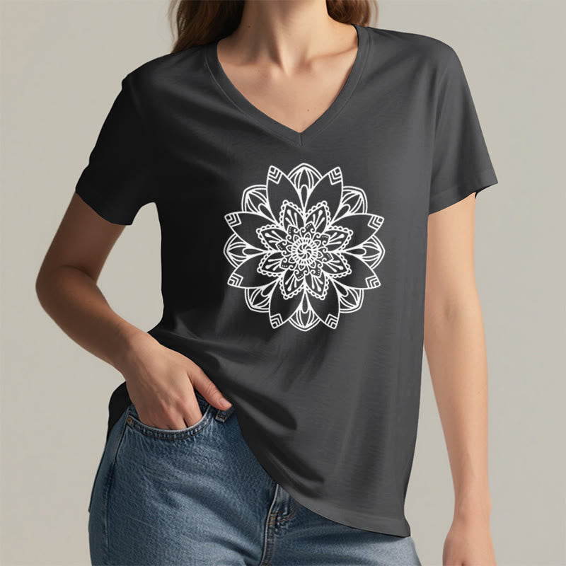Olivenorma Mandala Floral Tee V-Neck Regular Fit Lotus Spiritual T-Shirt - image 25
