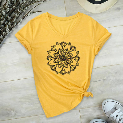 Olivenorma Mandala Floral Tee V-Neck Regular Fit Lotus Spiritual T-Shirt - Yellow - 2XL - image 14