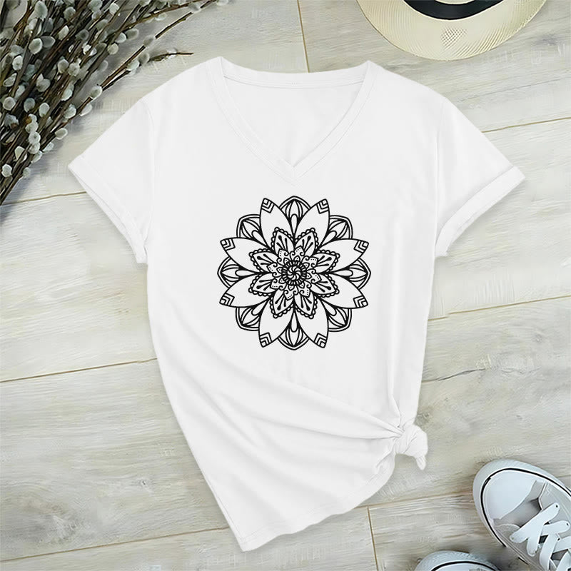Olivenorma Mandala Floral Tee V-Neck Regular Fit Lotus Spiritual T-Shirt - White - 2XL - image 10
