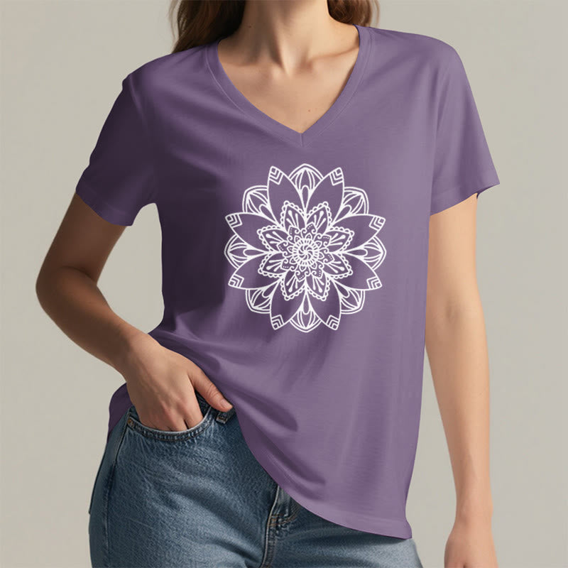 Olivenorma Mandala Floral Tee V-Neck Regular Fit Lotus Spiritual T-Shirt - image 21