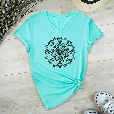 Olivenorma Mandala Floral Tee V-Neck Regular Fit Lotus Spiritual T-Shirt - Cyan - 2XL - image 16