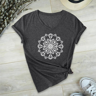 Olivenorma Mandala Floral Tee V-Neck Regular Fit Lotus Spiritual T-Shirt - Grey - 2XL - image 24