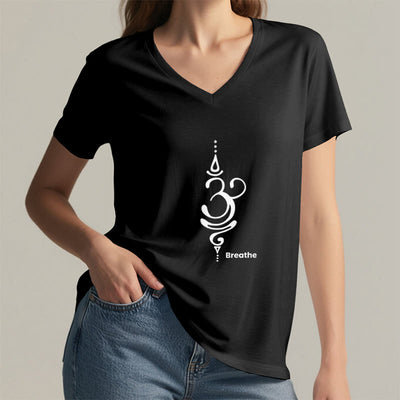 Olivenorma Breathe Symbol Women Short Sleeve V-Neck Cotton Yoga Medatition T-Shirt - image 9