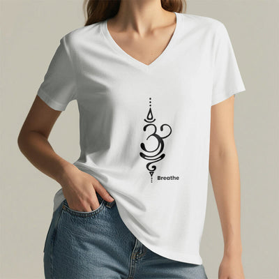 Olivenorma Breathe Symbol Women Short Sleeve V-Neck Cotton Yoga Medatition T-Shirt - image 11