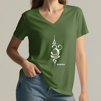 Olivenorma Breathe Symbol Women Short Sleeve V-Neck Cotton Yoga Medatition T-Shirt - image 25