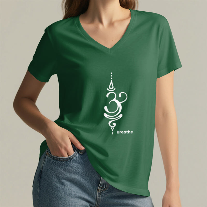Olivenorma Breathe Symbol Women Short Sleeve V-Neck Cotton Yoga Medatition T-Shirt - image 19