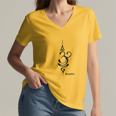 Olivenorma Breathe Symbol Women Short Sleeve V-Neck Cotton Yoga Medatition T-Shirt - image 15