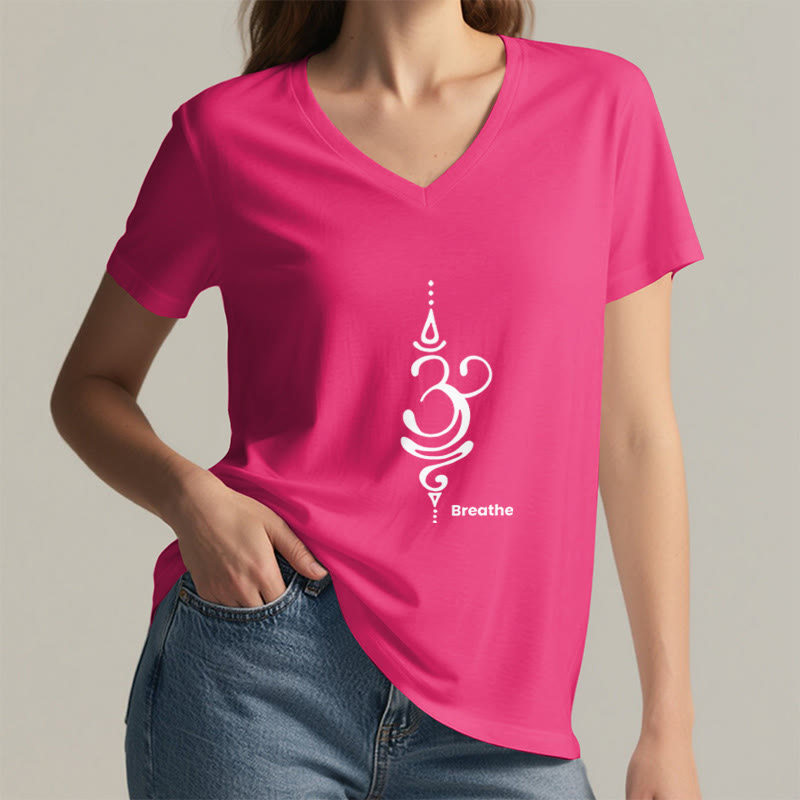 Olivenorma Breathe Symbol Women Short Sleeve V-Neck Cotton Yoga Medatition T-Shirt - image 31
