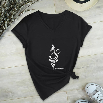Olivenorma Breathe Symbol Women Short Sleeve V-Neck Cotton Yoga Medatition T-Shirt - Black - 2XL - image 8