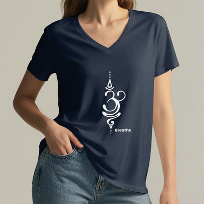 Olivenorma Breathe Symbol Women Short Sleeve V-Neck Cotton Yoga Medatition T-Shirt - image 23