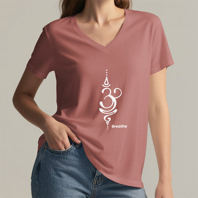Olivenorma Breathe Symbol Women Short Sleeve V-Neck Cotton Yoga Medatition T-Shirt - image 27