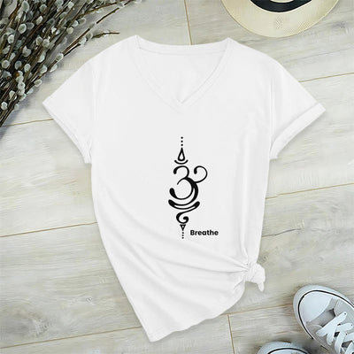 Olivenorma Breathe Symbol Women Short Sleeve V-Neck Cotton Yoga Medatition T-Shirt - White - 2XL - image 10