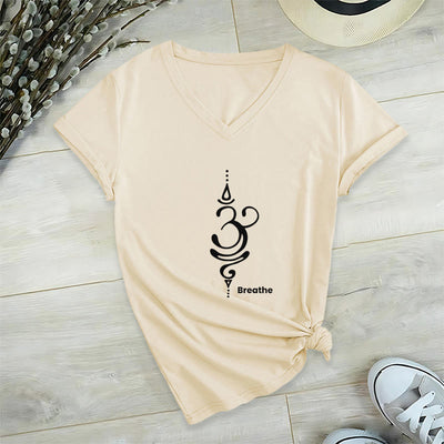 Olivenorma Breathe Symbol Women Short Sleeve V-Neck Cotton Yoga Medatition T-Shirt - Beige - 2XL - image 12
