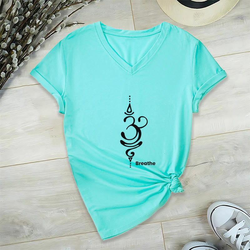 Olivenorma Breathe Symbol Women Short Sleeve V-Neck Cotton Yoga Medatition T-Shirt - Cyan - 2XL - image 16