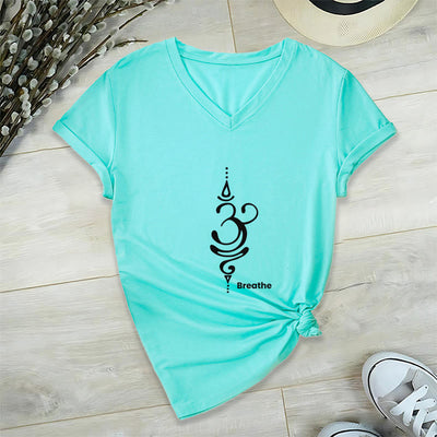 Olivenorma Breathe Symbol Women Short Sleeve V-Neck Cotton Yoga Medatition T-Shirt - Cyan - 2XL - image 16