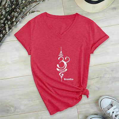 Olivenorma Breathe Symbol Women Short Sleeve V-Neck Cotton Yoga Medatition T-Shirt - Red - 2XL - image 28