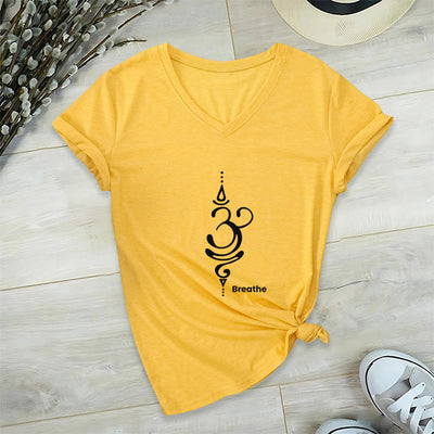 Olivenorma Breathe Symbol Women Short Sleeve V-Neck Cotton Yoga Medatition T-Shirt - Yellow - 2XL - image 14