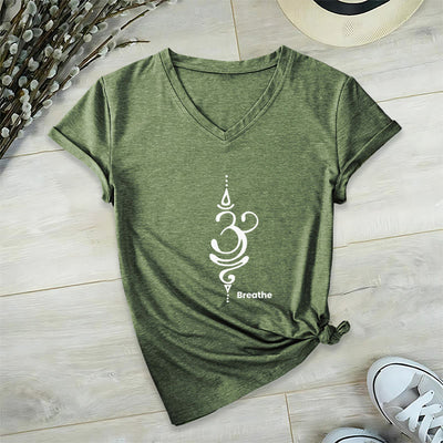 Olivenorma Breathe Symbol Women Short Sleeve V-Neck Cotton Yoga Medatition T-Shirt - Olive - 2XL - image 24