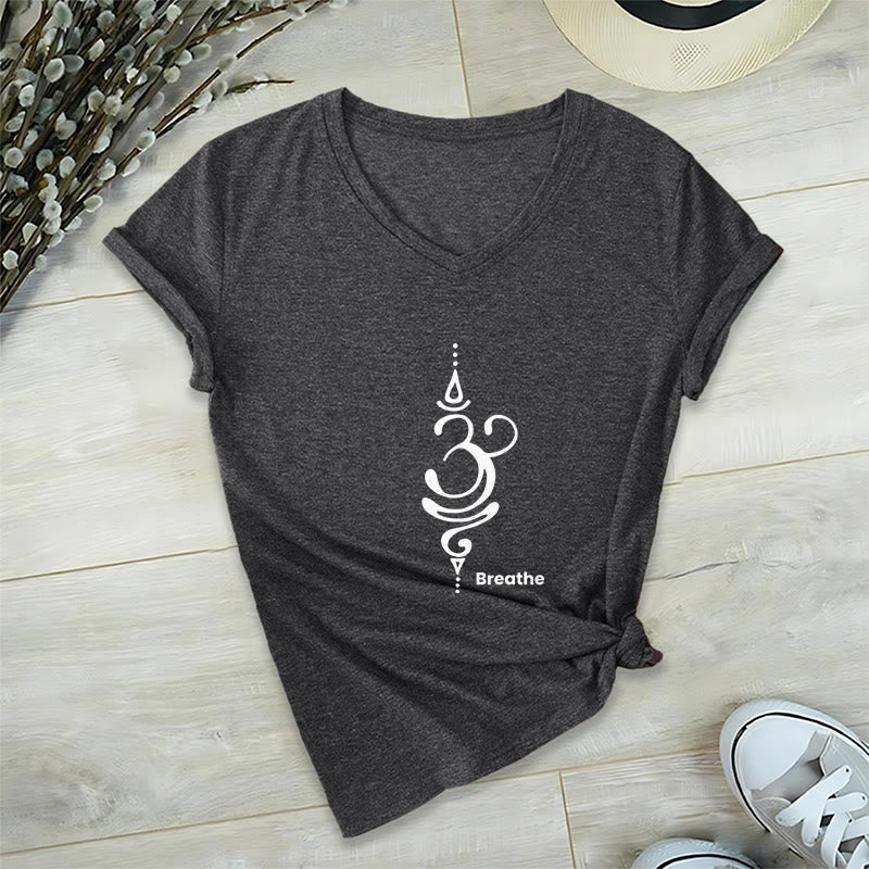 Olivenorma Breathe Symbol Women Short Sleeve V-Neck Cotton Yoga Medatition T-Shirt - Grey - 2XL - image 1