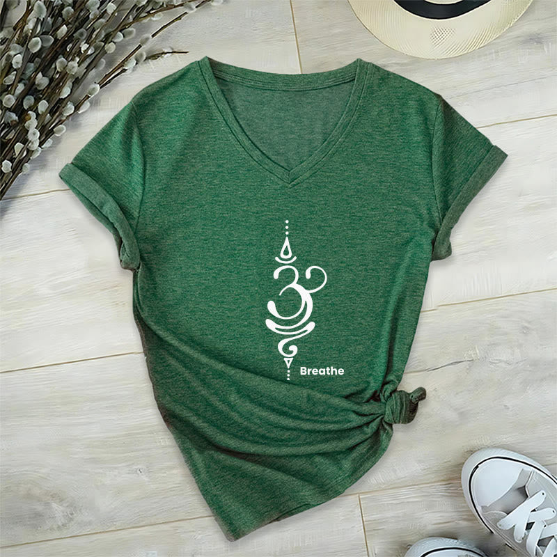 Olivenorma Breathe Symbol Women Short Sleeve V-Neck Cotton Yoga Medatition T-Shirt - Green - 2XL - image 18