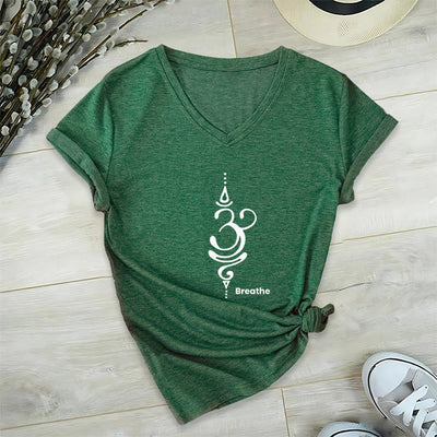 Olivenorma Breathe Symbol Women Short Sleeve V-Neck Cotton Yoga Medatition T-Shirt - Green - 2XL - image 18