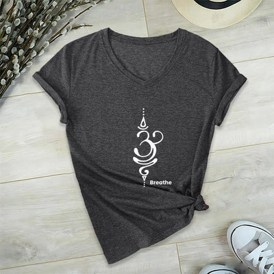 Olivenorma Breathe Symbol Women Short Sleeve V-Neck Cotton Yoga Medatition T-Shirt - Grey - 2XL - image 1
