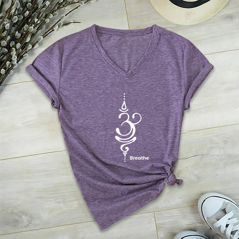 Olivenorma Breathe Symbol Women Short Sleeve V-Neck Cotton Yoga Medatition T-Shirt - Purple - 2XL - image 20