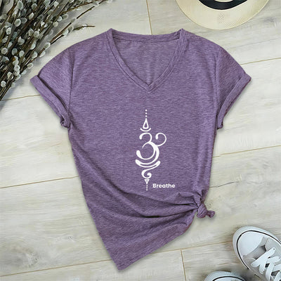 Olivenorma Breathe Symbol Women Short Sleeve V-Neck Cotton Yoga Medatition T-Shirt - Purple - 2XL - image 20
