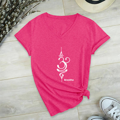 Olivenorma Breathe Symbol Women Short Sleeve V-Neck Cotton Yoga Medatition T-Shirt - HotPink - 2XL - image 30